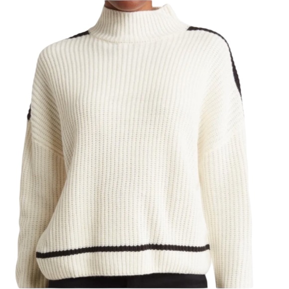 Sanctuary Felling Sporty Ivory & Black Mock Neck Oversized Ribbed Sweater - L - Picture 1 of 13